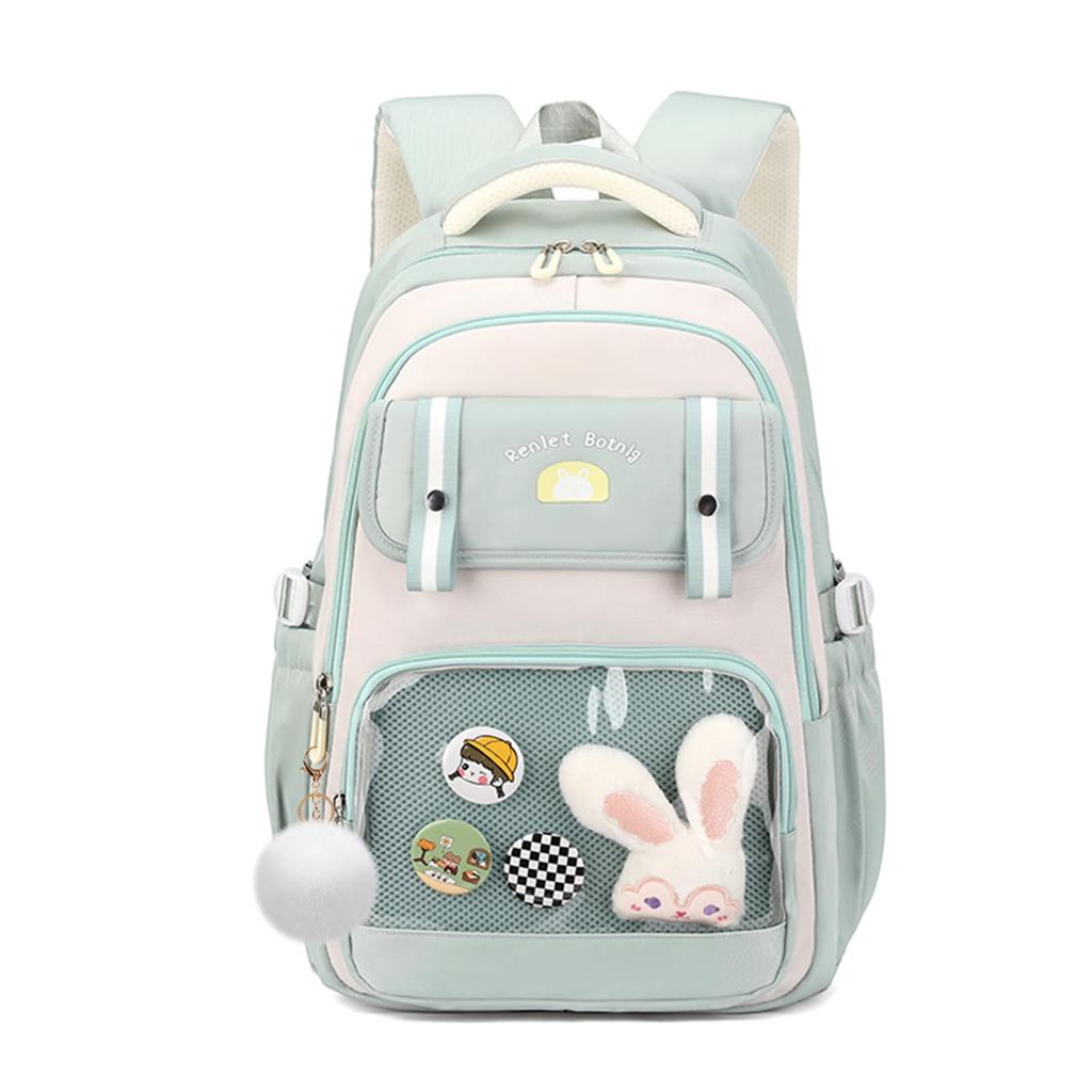 FANDARE Women's School Backpack, Korean Design, Large Capacity, Lightweight, A4 Size, Cute Daypack with Button Badge and Plush Bunny, Security Back