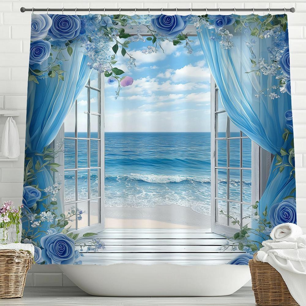 

Blue Ocean Beach Scenery Outside The Window Shower Curtain, Bathroom Decorative Shower Curtains, Home Curtain With Hooks W60H190(CM)-1 Pcs