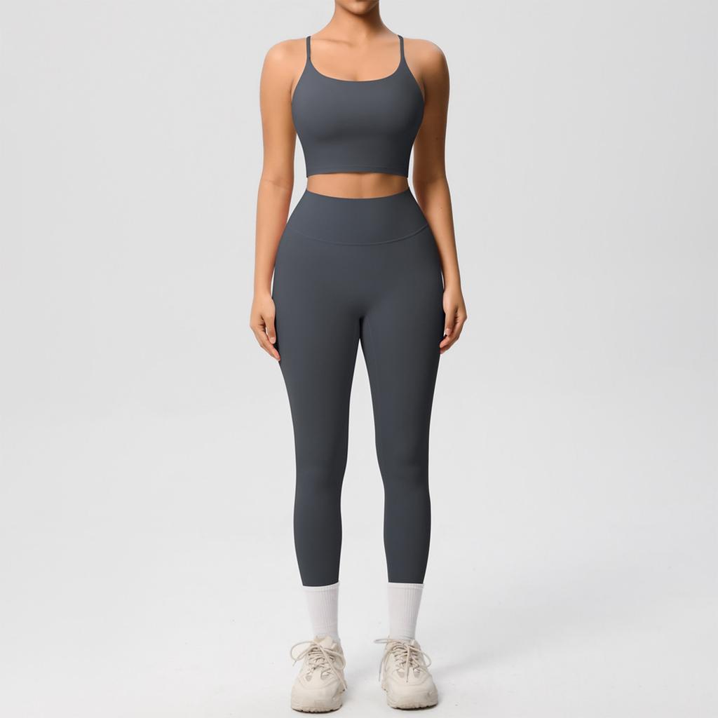 Women's Fashion Solid Color Back Top Tight Breathable Yoga Suit Set Sports Running Fitness Pants Two Piece Set