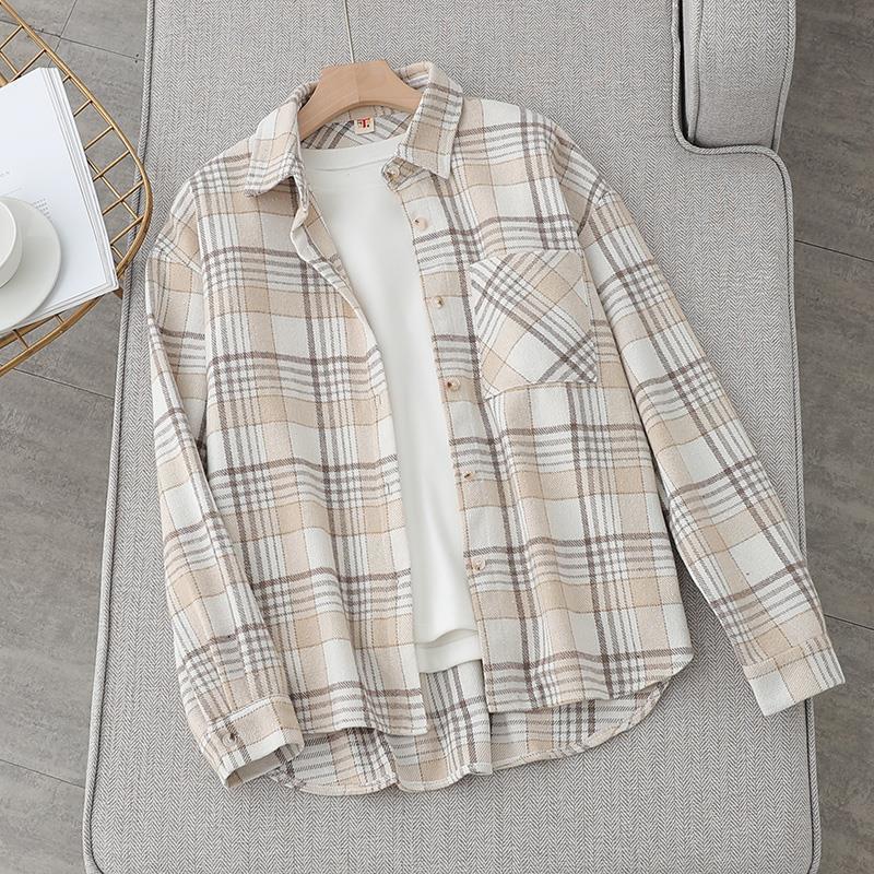 Z Woolen Plaid Shirt Women's Autumn and Winter New Retro Hong Kong Style Top Loose and Versatile Outer Wear Thickened Lining