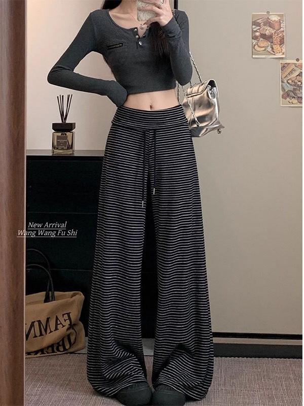 Autumn 2026 Women's Striped Drawstring Casual Pants - Floor-Length, Loose, Slimming Style