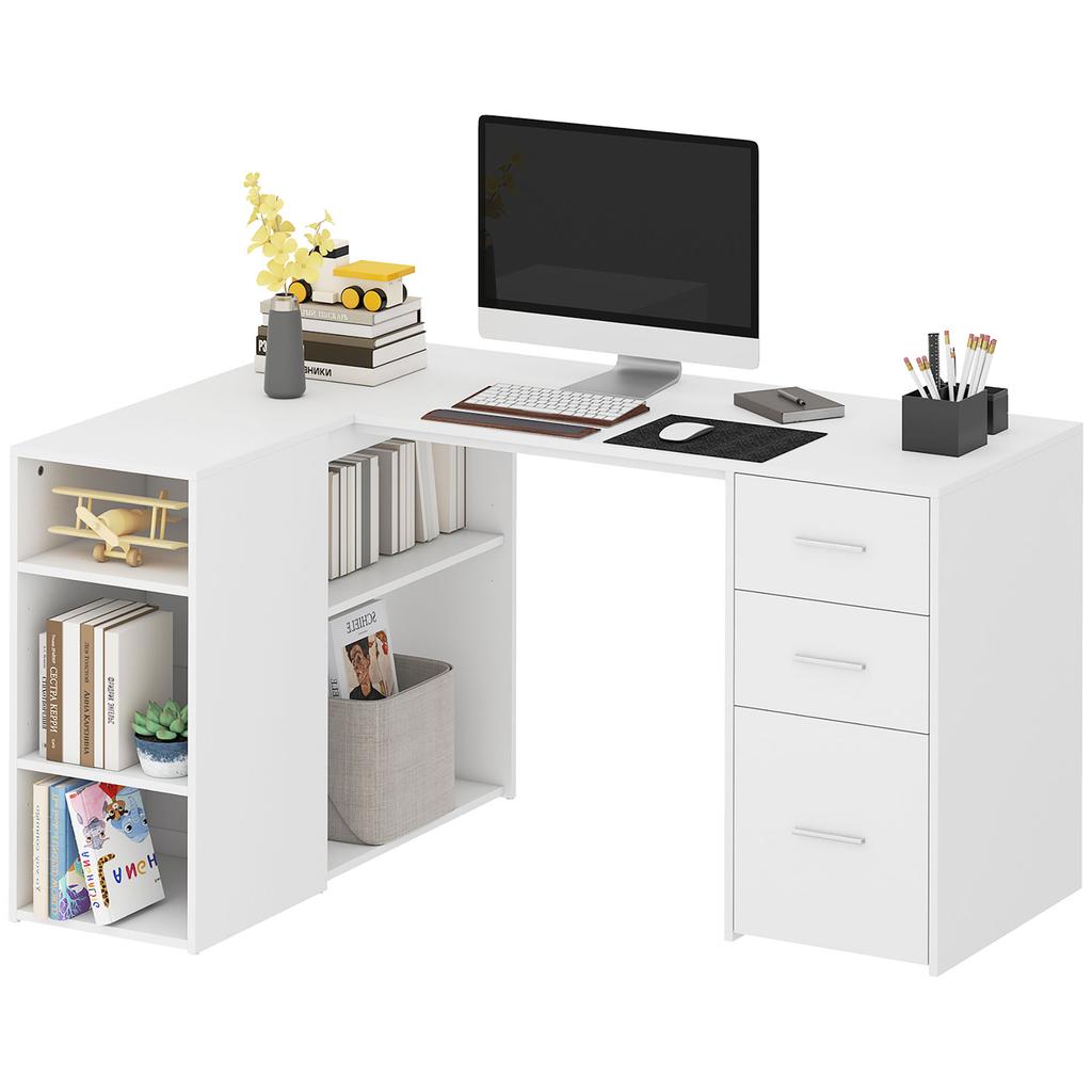 L-Shaped Corner Computer Desk, 3 Drawers, 5 Open Compartments, 140 x 100 x 75 cm, White