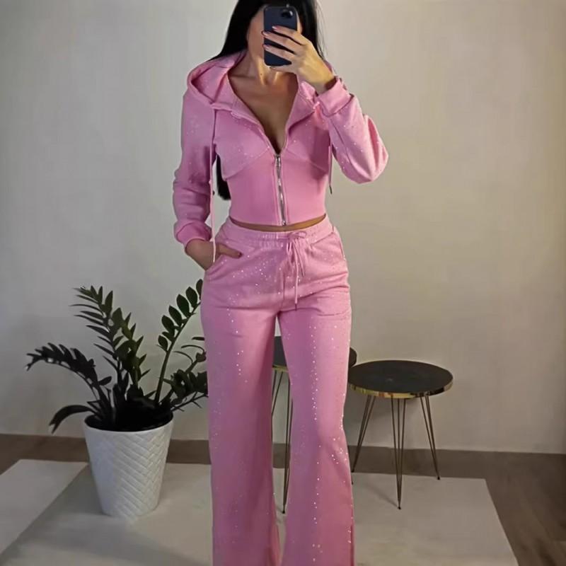 Y2K Rhinestone Zip Up Hoodie Short Sweatpants Set Streetwear Women