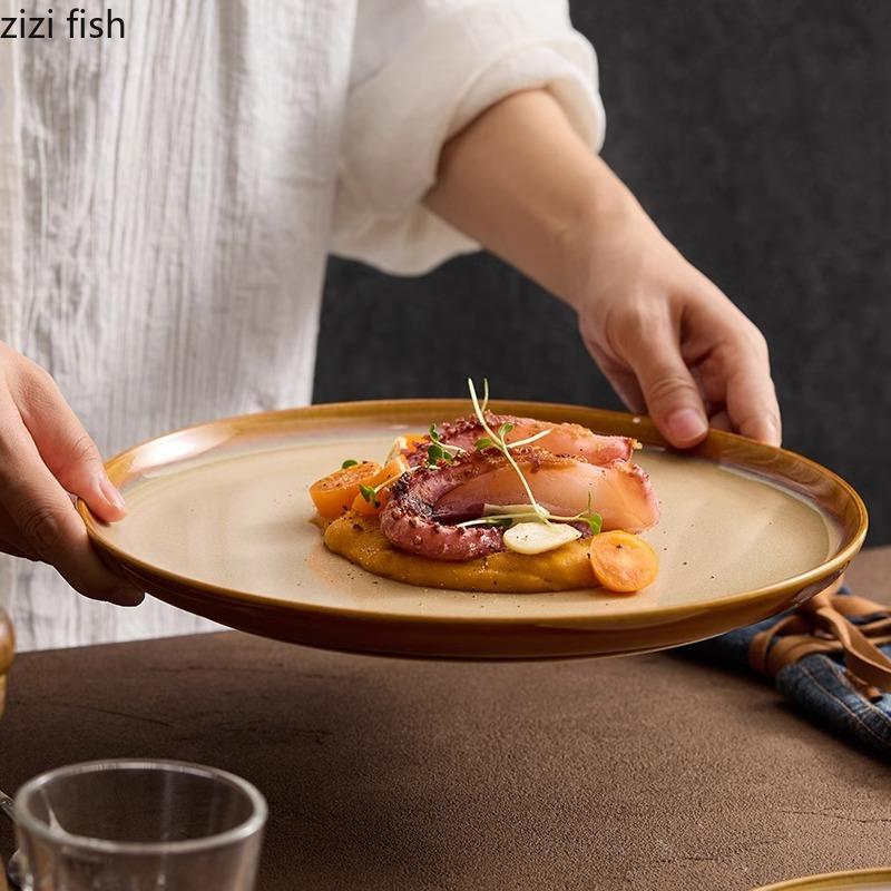 Assiette plate en céramique marron à changement de four, assiette à dessert rétro, assiette à steak, assiettes à sashimi, sushis, vaisselle créative pour restaurant