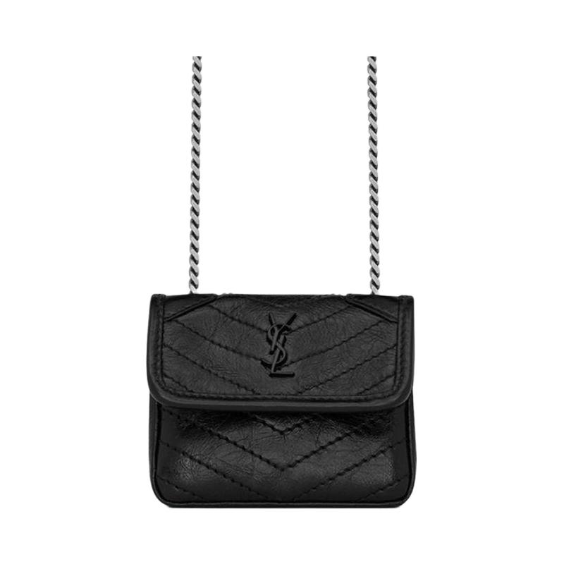 Saint Laurent YSL Niki Series Black Label Logo Chain Pleated Leather Shoulder Crossbody Headphone Bag Women Bags 710844-0EN04-1000