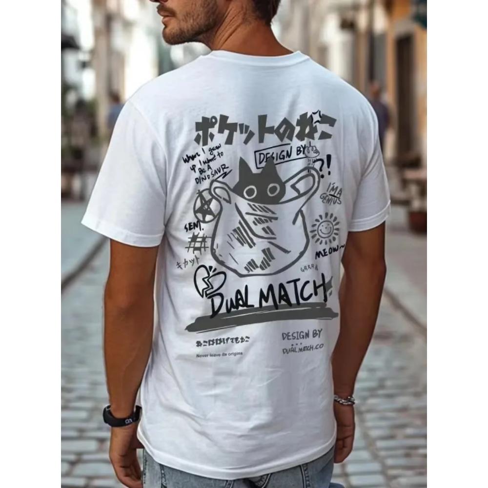 Hip Hop T-Shirt Men Women Streetwear Japanese Kanji Funny Cat Print T Shirt 2024 Harajuku Cotton Casual Short Sleeve Tshirt Tops