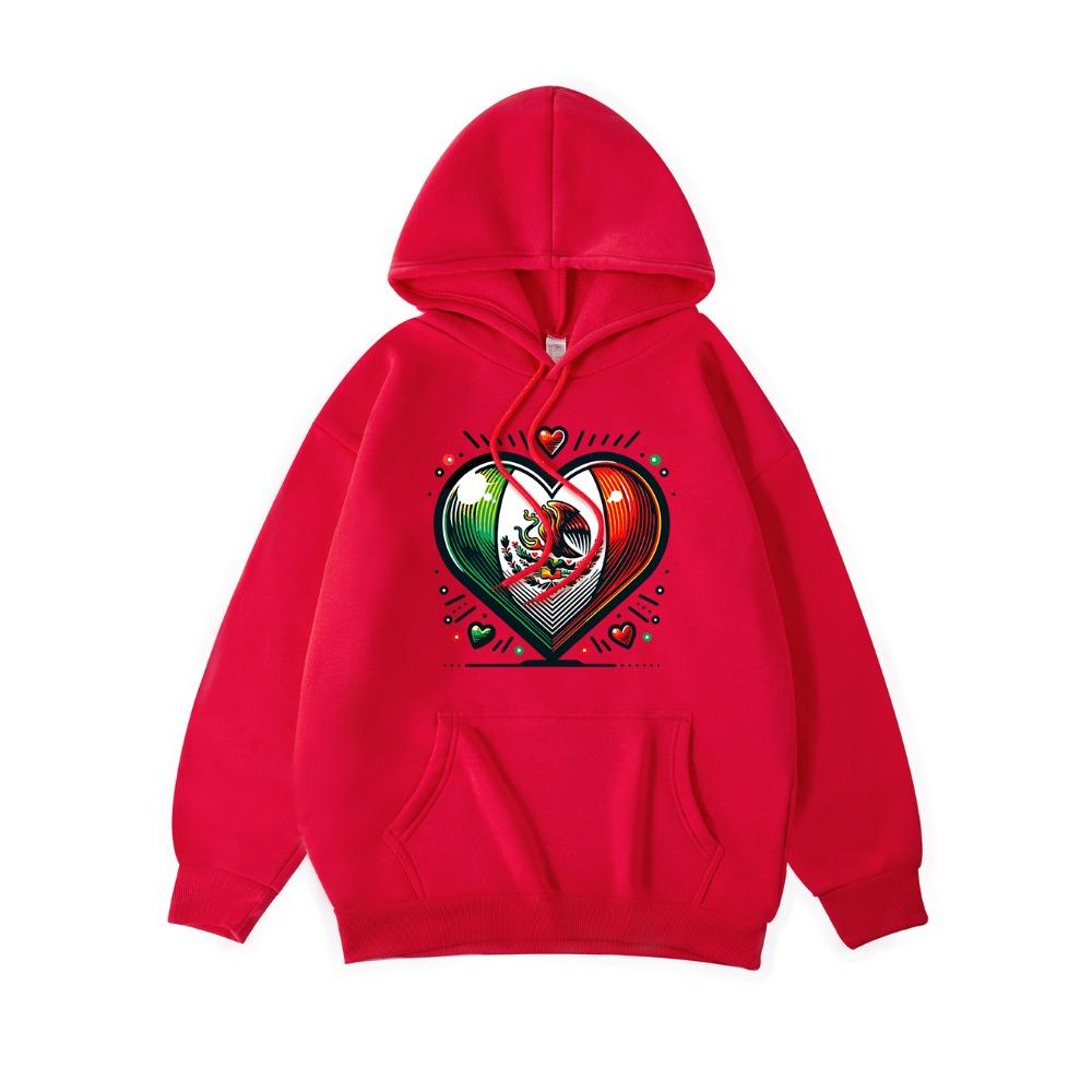 Mexico Eagle Heart Printing Hoodies Womens Winter Fleece Warm Hooded Casual Pocket Sweatshirt Street Loose Womans