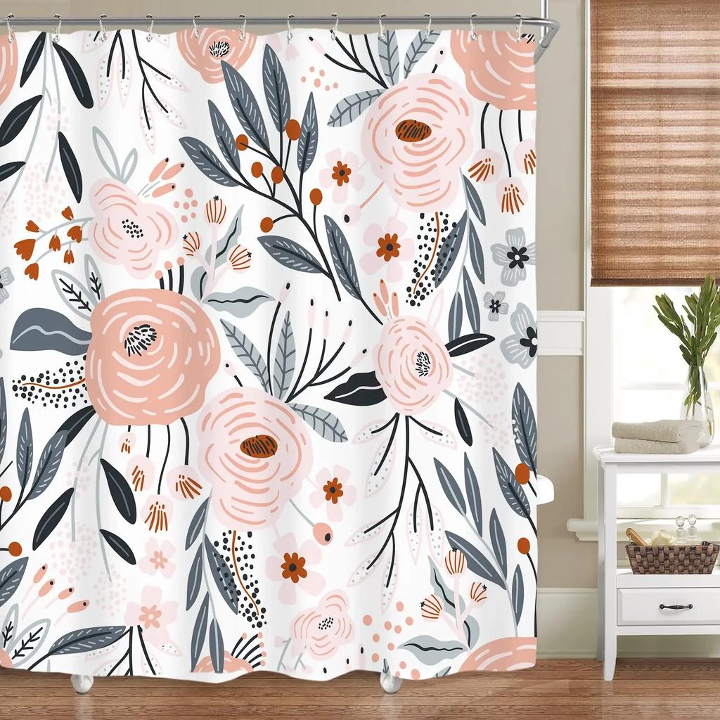 Floral Shower Curtains for Bathroom Pink Plant Flowers Watercolor Butterfly Wildflower Botanical Bathroom Curtain Set,Waterproof