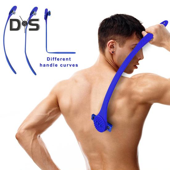 Rasoio per la schiena da uomo 2 in 1 con manico lungo in silicone, scrubber per la schiena, tagliacapelli, ergonomico, manuale, per la rimozione dei peli bagnati e asciutti.