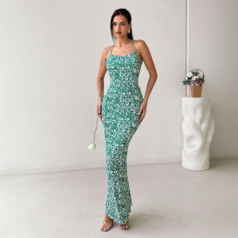 Halter Backless Floral Dress Sweet Fresh Sling Open Back Floral Vacation Style Dress