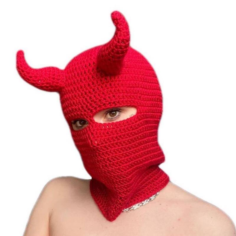 Y2K Style Crochet Halloween Party Cow Horn Parent-Child Ski Mask Hat