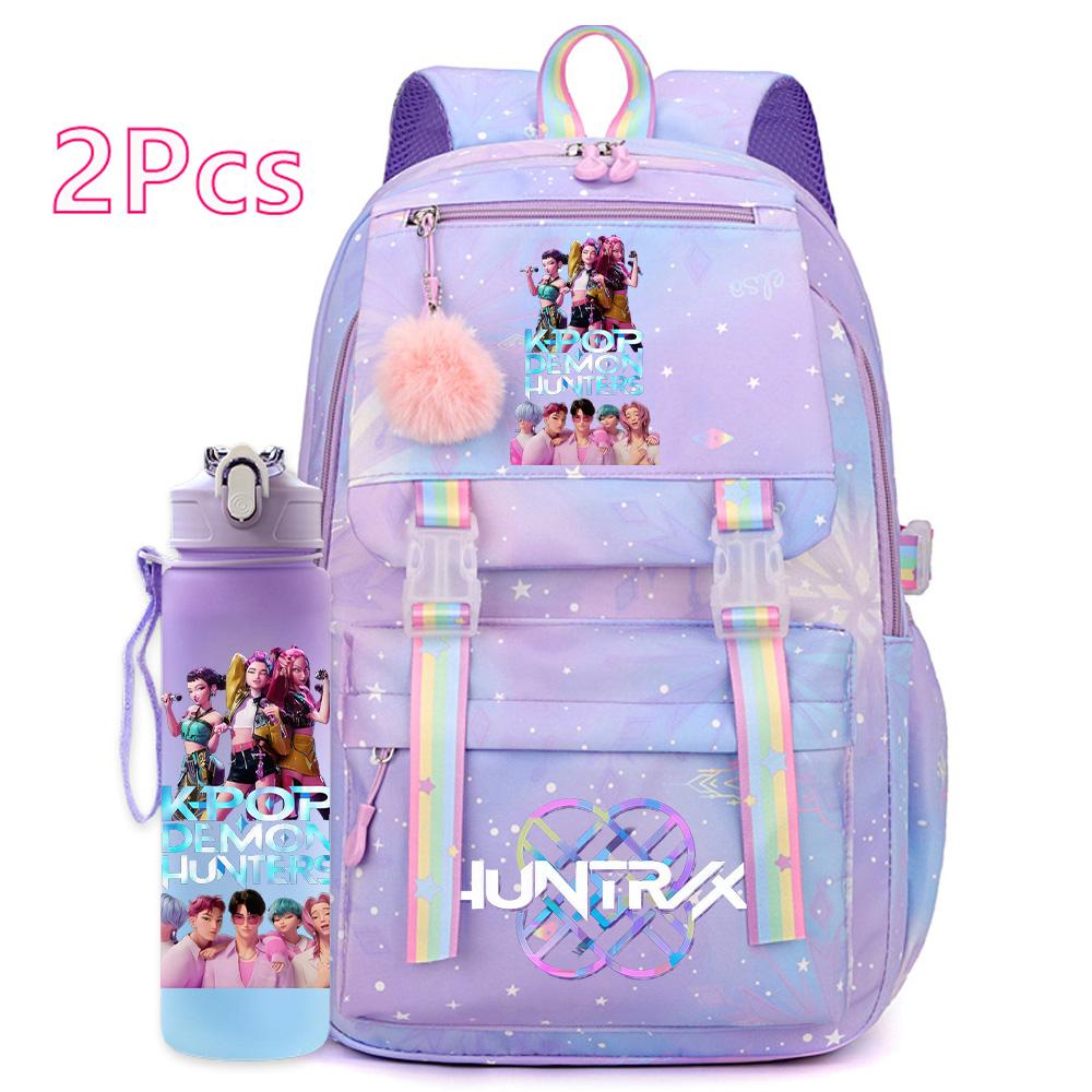 2 st/set Söt Anime Kpop Tryckt Ryggsäck 750 ml Vattenflaska Stor Kapacitet Resväska för Tonårsflicka Pojke Bokväska Barnpresent Rucksak