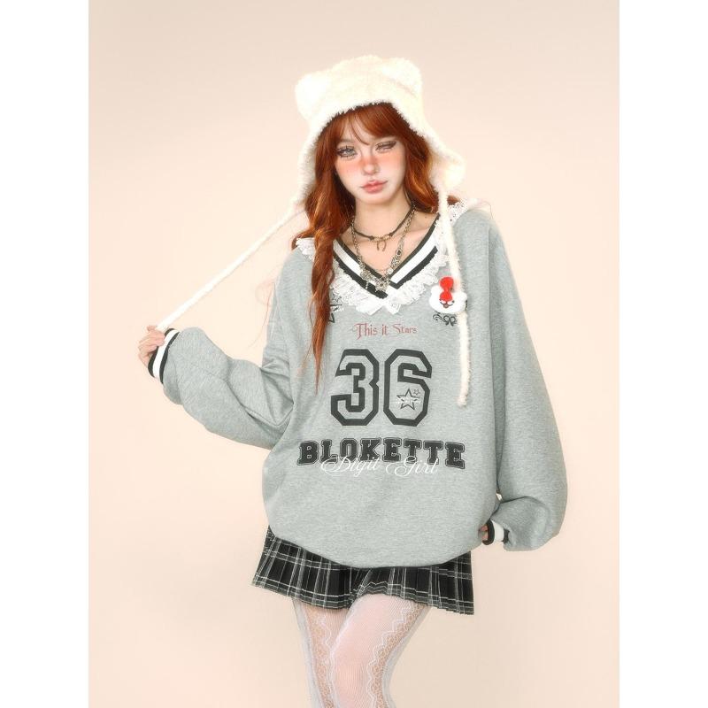 Lace Women's V-neck Sweatshirt Long Sleeved Number Pattern New Pullover Shirt Spring and Autumn Korean Version Lady Top