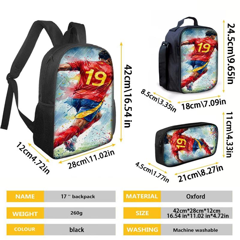 3-Piece 19 Soccer Star Pattern Backpack Set – Large-Capacity Casual Backpack with Matching Clutch & Tote Bag, Perfect for Daily