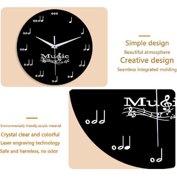 Creative Wall Clocks Musical Note Silent Clock Black / White Decorative Wall Clock for Kids Adult Students Room Home Office School Decor (1#Black