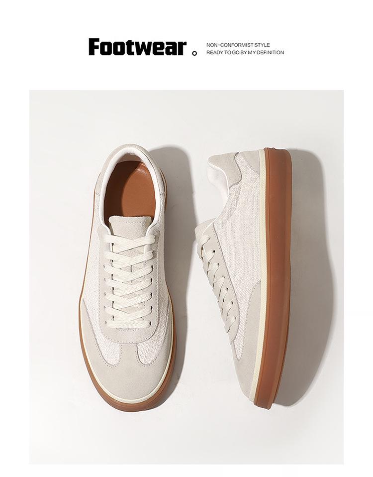 Men's Old Money Style Low-Top Breathable Cowhide Spliced Linen White Skate & Running Shoes
