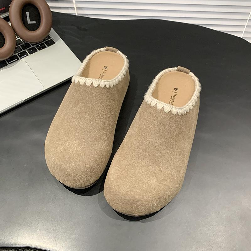 Lace Thick-soled Outer Wear Velvet Cotton Slippers 2025 Autumn New Casual One-pedal Lazy Bag Head Half Slippers