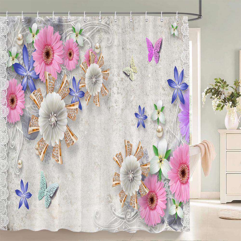 3d European Style Flower Printing Bathroom Shower Curtain Polyester Waterproof Fabric Bathroom Curtain Home Decorate with Hook