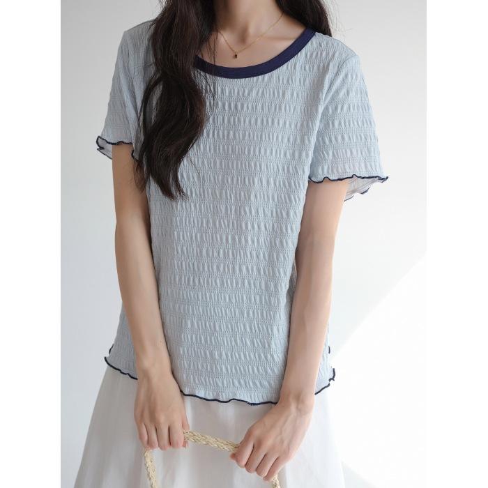 No price reduction #front shoulder short-sleeved t-shirt women's summer contrasting color round neck fungus edge design top
