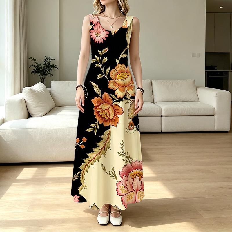 Women's Sleeveless Floor Length Maxi Dress,Comfortable Floral Print Full Skirt,Spring Autumn Layering for Daily Casual Outdoor,Elegant Style