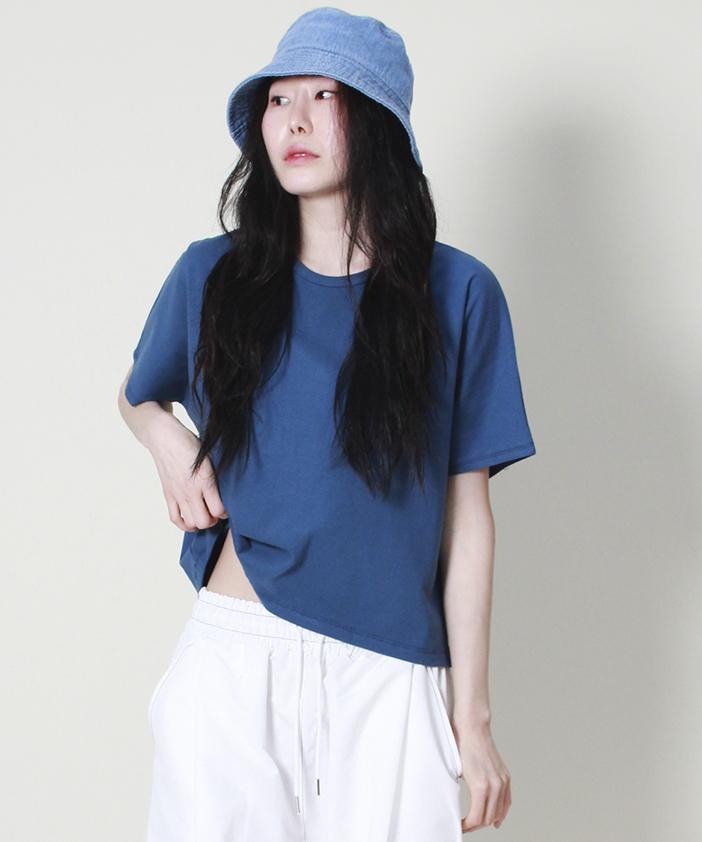 Deumakeu Solid Semi-Crop French Half-Sleeve T-Shirt Blue