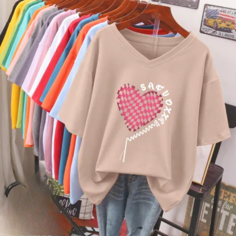 Camiseta de manga curta, Solta, Top V-neck Estampado Emagrecedor para Mulheres