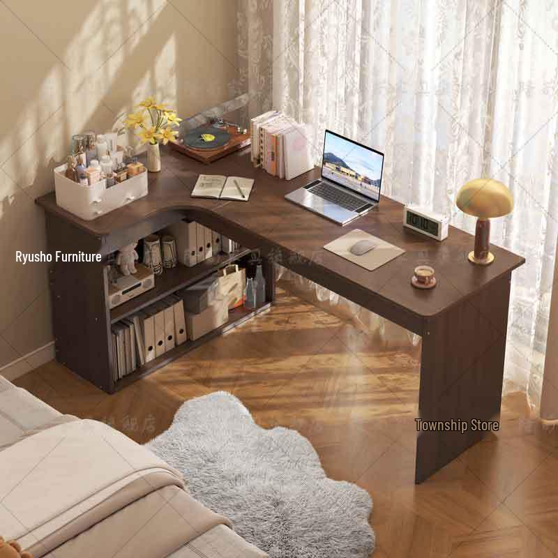 Compact Corner Computer Desk with Integrated Bookshelf & Vanity for Bedroom or Home Office