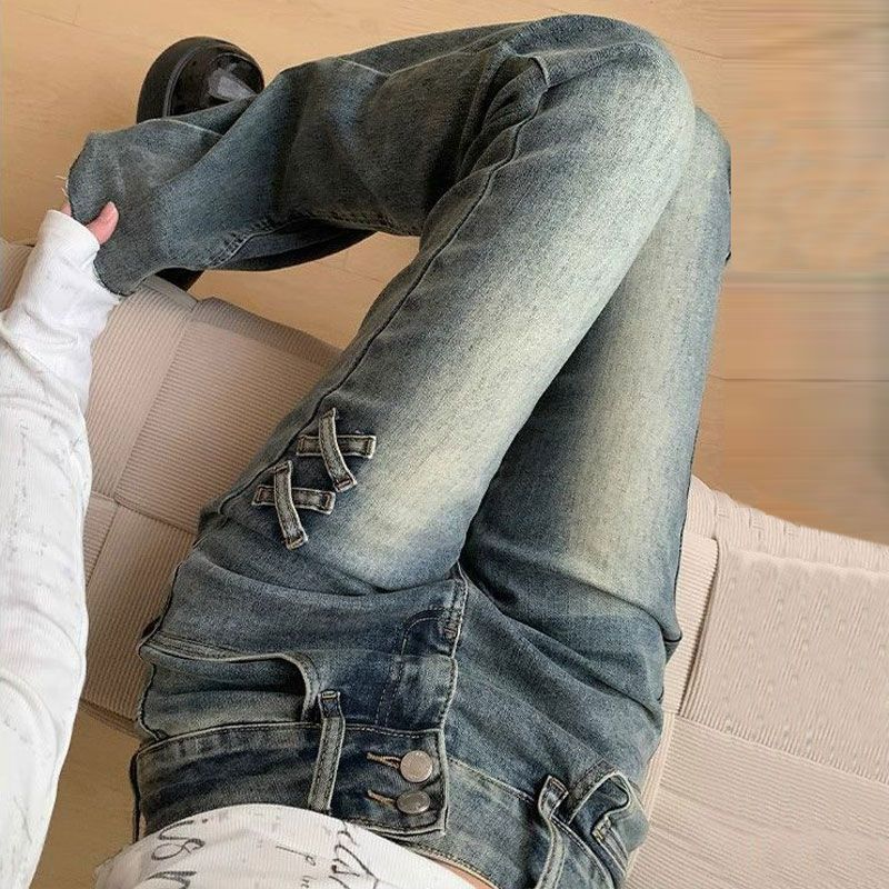 Slim Retro Blue High-waisted Bow Bow Micro-large Denim Jeans Female Summer Ragged Elastic Skinny Horseshoe Pants Retro Baggy Long Jeans for Ladies