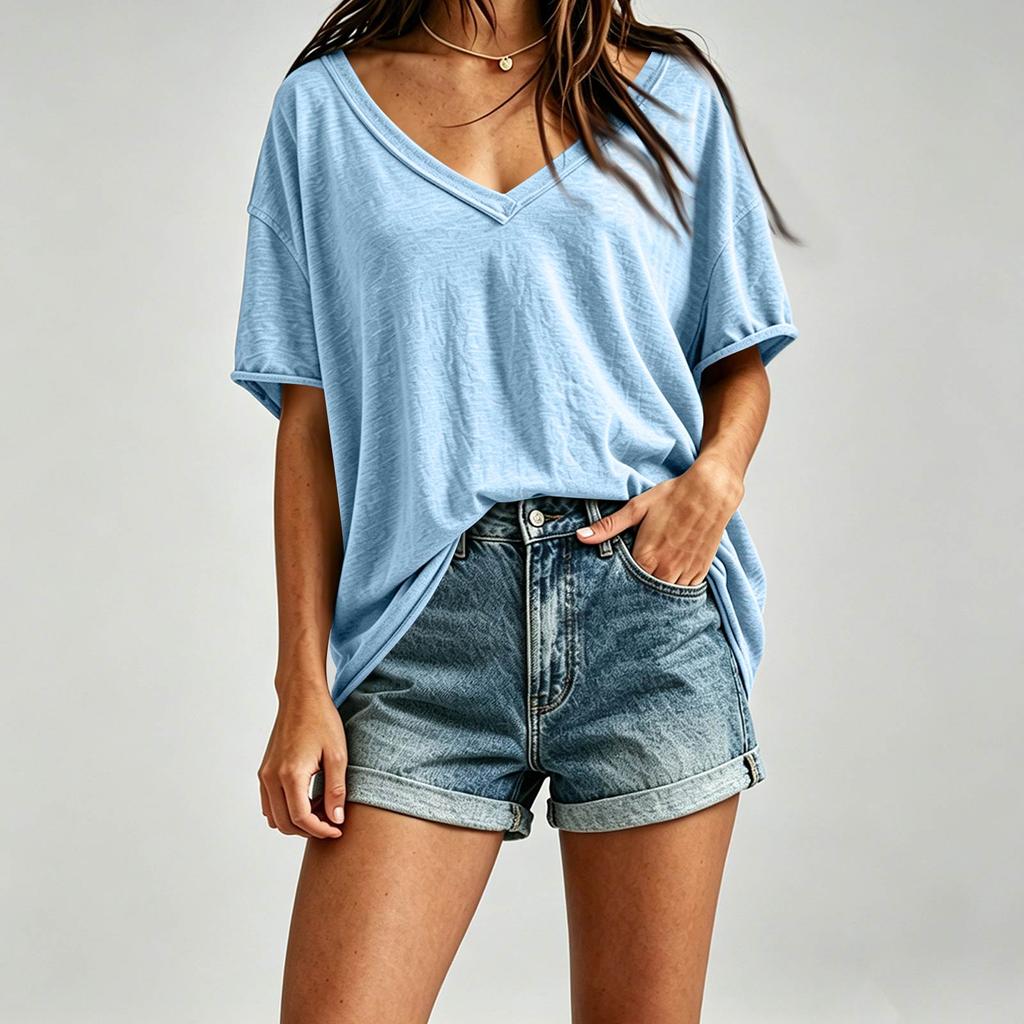 Women's Casual V Neck Loose Fit Plain Oversized Drop Shoulder Top Lightweight Soft Fabric Summer Tee Shirt for Everyday Wear
