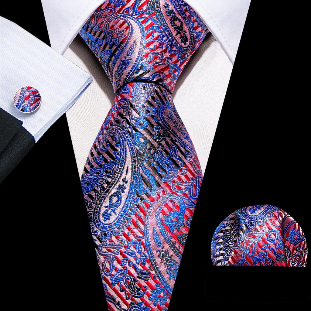 Barry.Wang Floral Ties for Men Woven Paisley Wedding Necktie Handkerchief Cufflinks Formal Casual Set