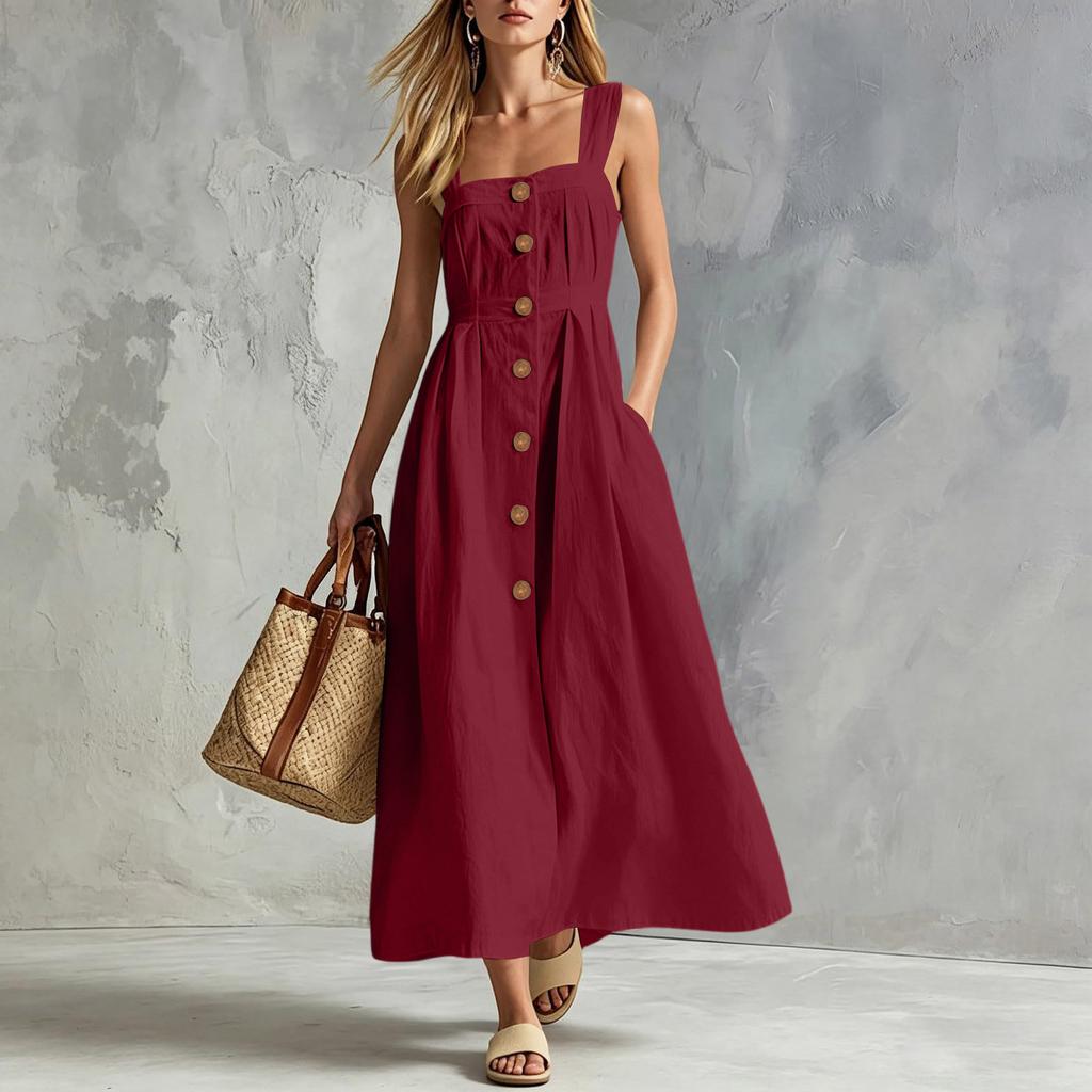 Women Sleeveless Button Front Maxi Dress Casual Long Dress with Pockets Lightweight Summer Sundress