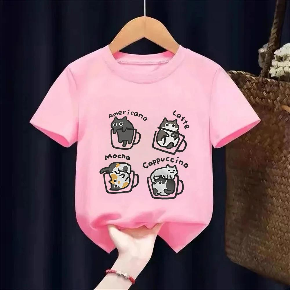 Cat Coffee Pure Cotton Trendy Summer Kids Short Sleeved Tshirt BoyGirl Original Mocha Latte Cat Three Flowers Fun Cat Tees