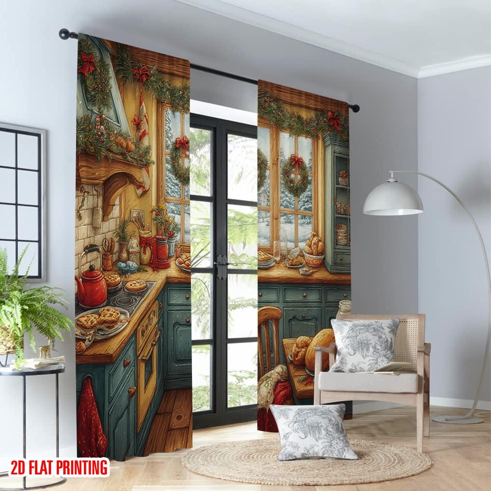 2pcs 2D flat printing Happy Christmas Scene Curtains Christmas Kitchen Scene Cozy Festive Digital Printed Polyester Drapes