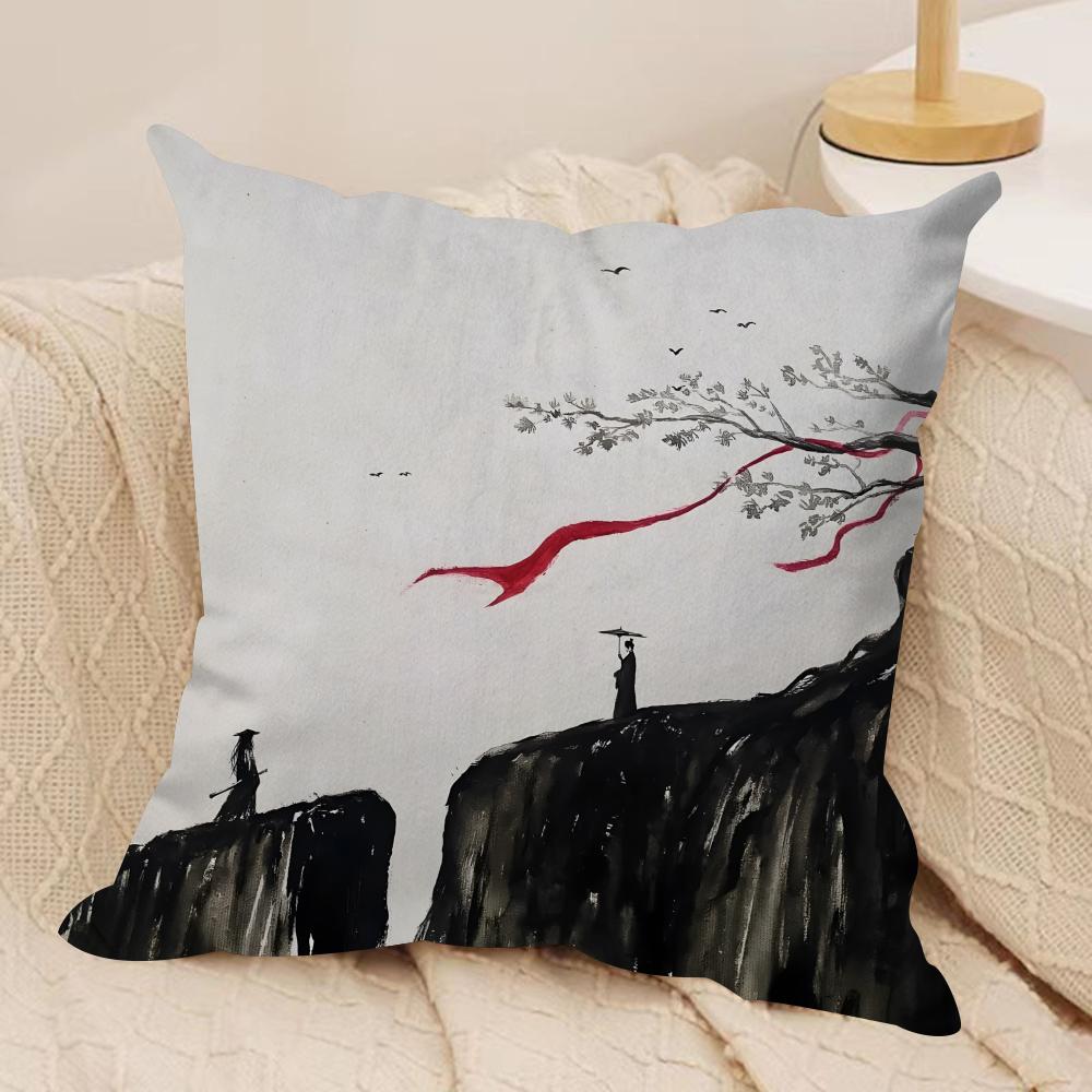 Chinese Ink Painting Style Cushion Cover Silky Short Plush Double-Sided Printed Pillow Case For Sofa All Seasons Home Decor Gift