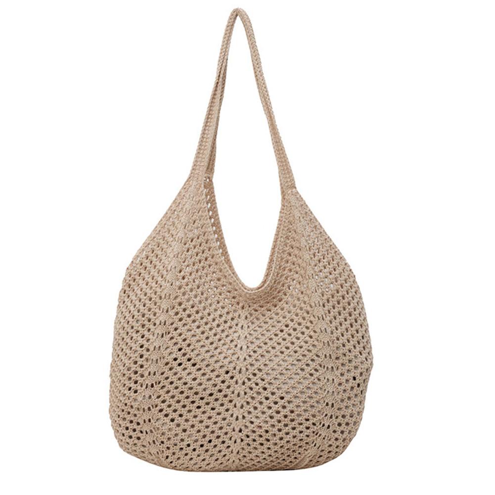 Women Knitting Shoulder Bag Large Capacity Hollow Woven Underarm Bag Solid Color Hand Knitted Tote Handbag Summer Mesh Beach Bag