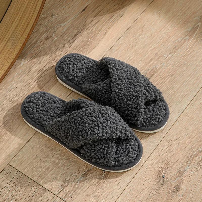Fashion Fashion Cross Strap Fuzzy Slippers Women Indoor House Non Slip Warm Plush Woman Slippers Winter Comfort Soft Sole Cotton Slides