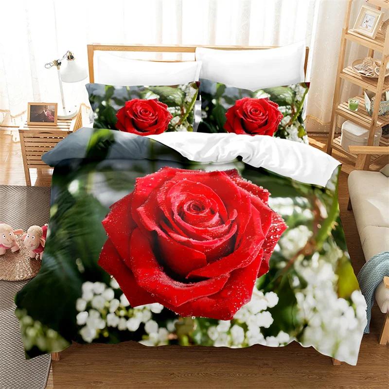 Red Flower Full Size Duvet Covers Rose Quilt Cover 200X230Cm Bedding Set 3Pcs 2Pcs 210X210Cm King Queen Single Double Bed