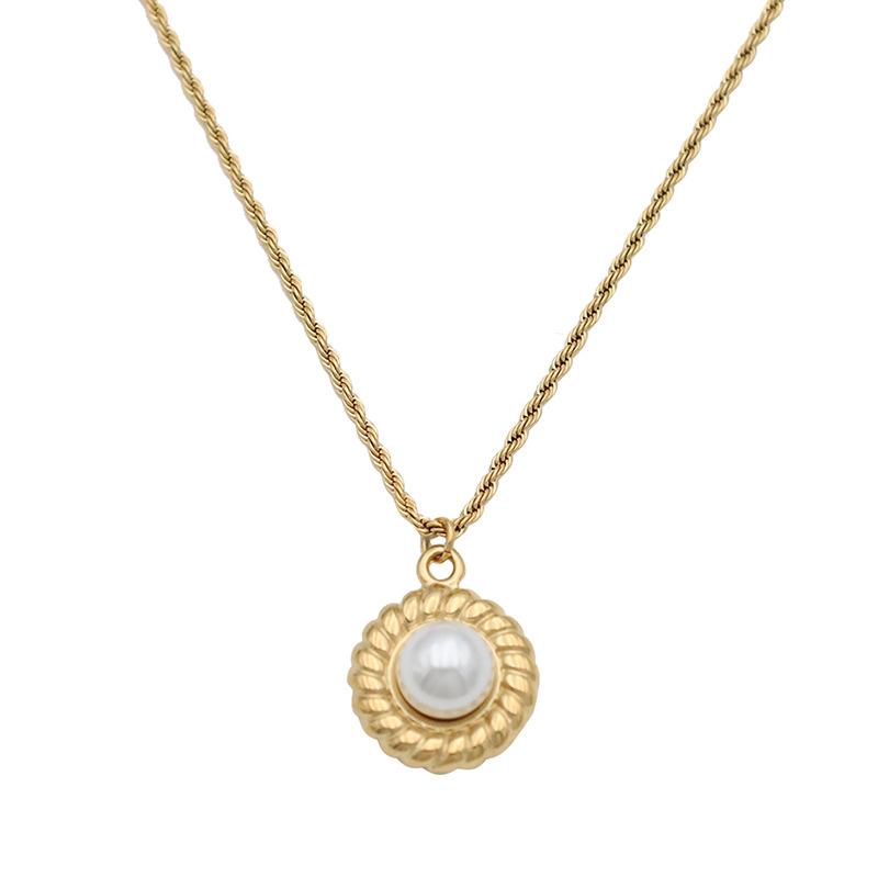 French Retro Vacuum Plated Stainless Steel Pearl Pendant Collarbone Chain Twist Edge Inlaid Pearl Necklace Jewelry Women