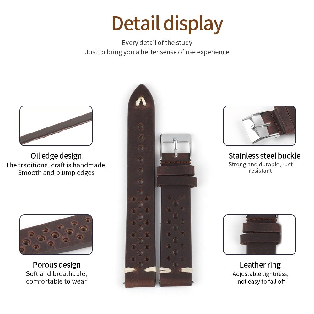 Retro Crazy Horse Leather Strap 17mm 18mm 19mm 21mm 22mm Cowhide Hand Stitching Watchband Porous Breathable Bracelet Accessories