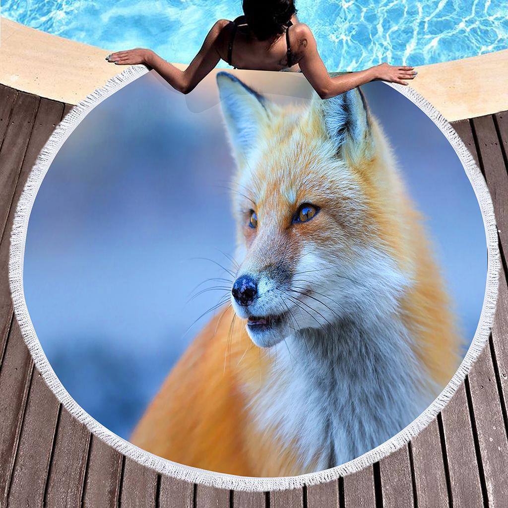 Fox Round Beach Towel, Jungle Wild Animal Beach Blanket,Rustic Farmhouse Woodland Fox Absorbent Quick Dry Pool Towel Picnic Mat