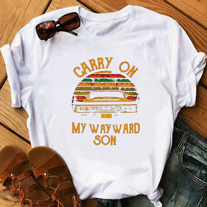 vintage Women T-shirt Carry On My Wayward Son Angel Wings Car Print Femme Supernatural T-shirt Summer Top Graphic T-shirt