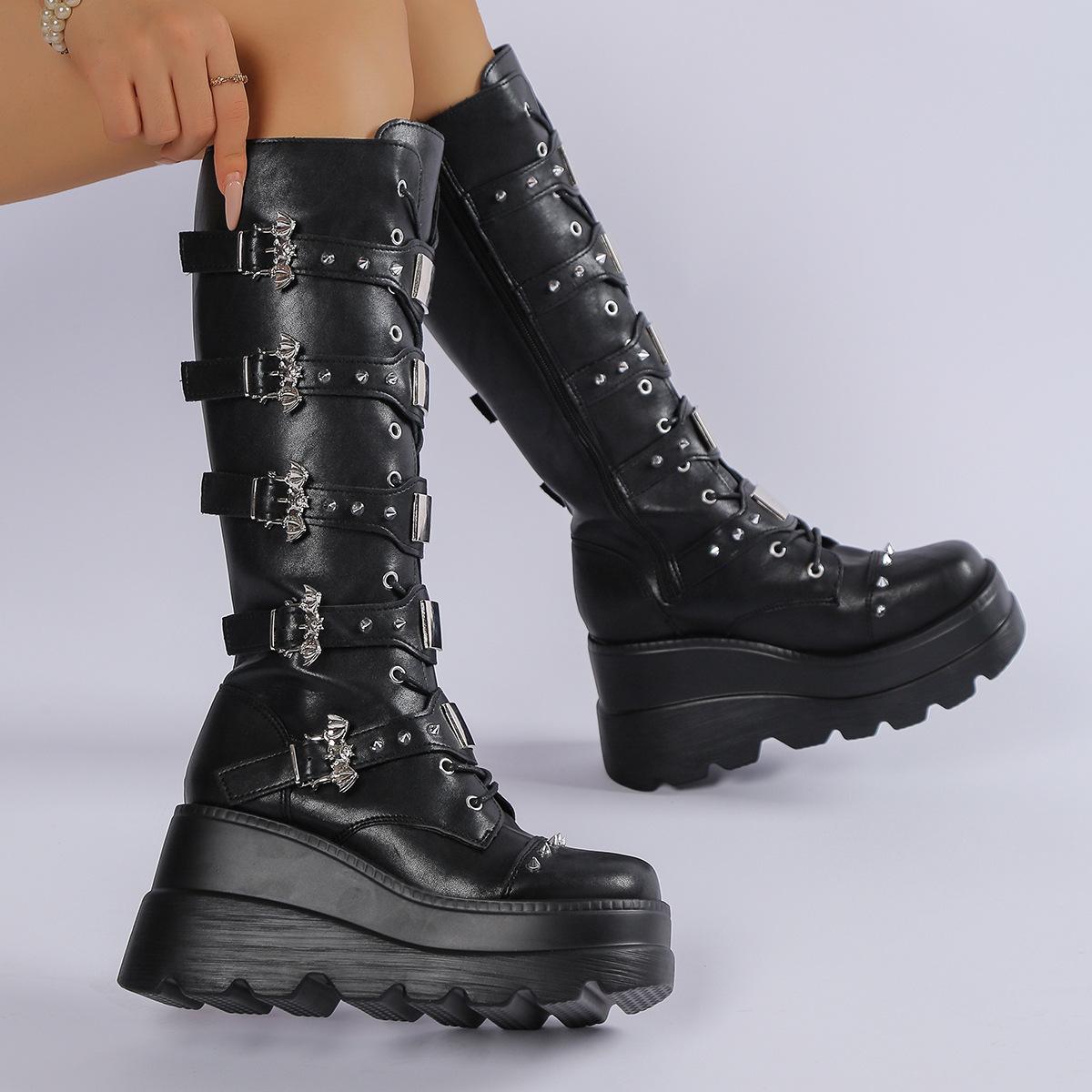 

Punk Style Women s Boots Fashion Belt Buckle Designer Women Boots High Quality Leather Boot Women s Knee-high Boots Knight Boot 35 чёрный