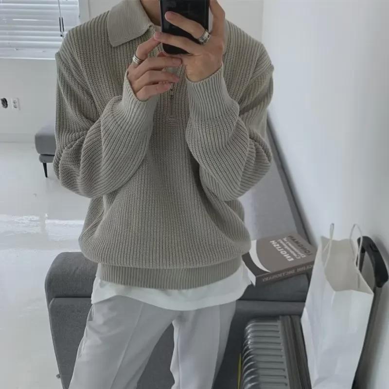 Pánsky ležérny sveter s klopou na polovičný zips - Japonský štýl, Jesenná/Zimná/Jarná móda, Voľný strih