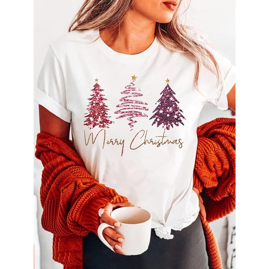 Merry Christmas Print T-shirt, Short Sleeve Crew Neck Casual Top for Summer & Spring
