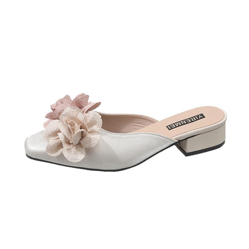 High Heels Women's Spring and Summer New Baotou Flower Sandals Square Head Thick Heel Shallow Mouth Outer Slippers Women