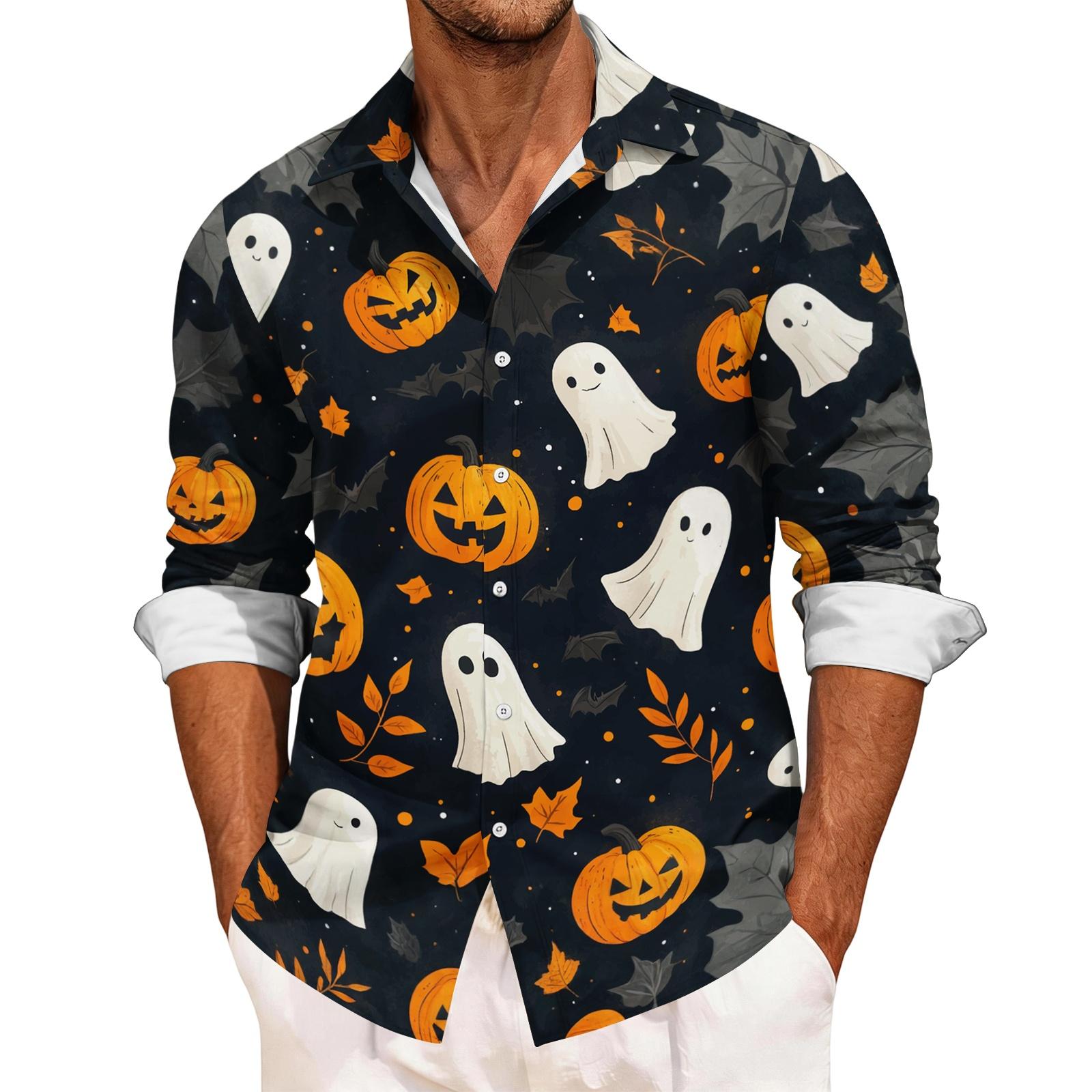 Men s Halloween Printed Long Sleeve Casual Shirt, Open Sleeve Sports Top for Men L