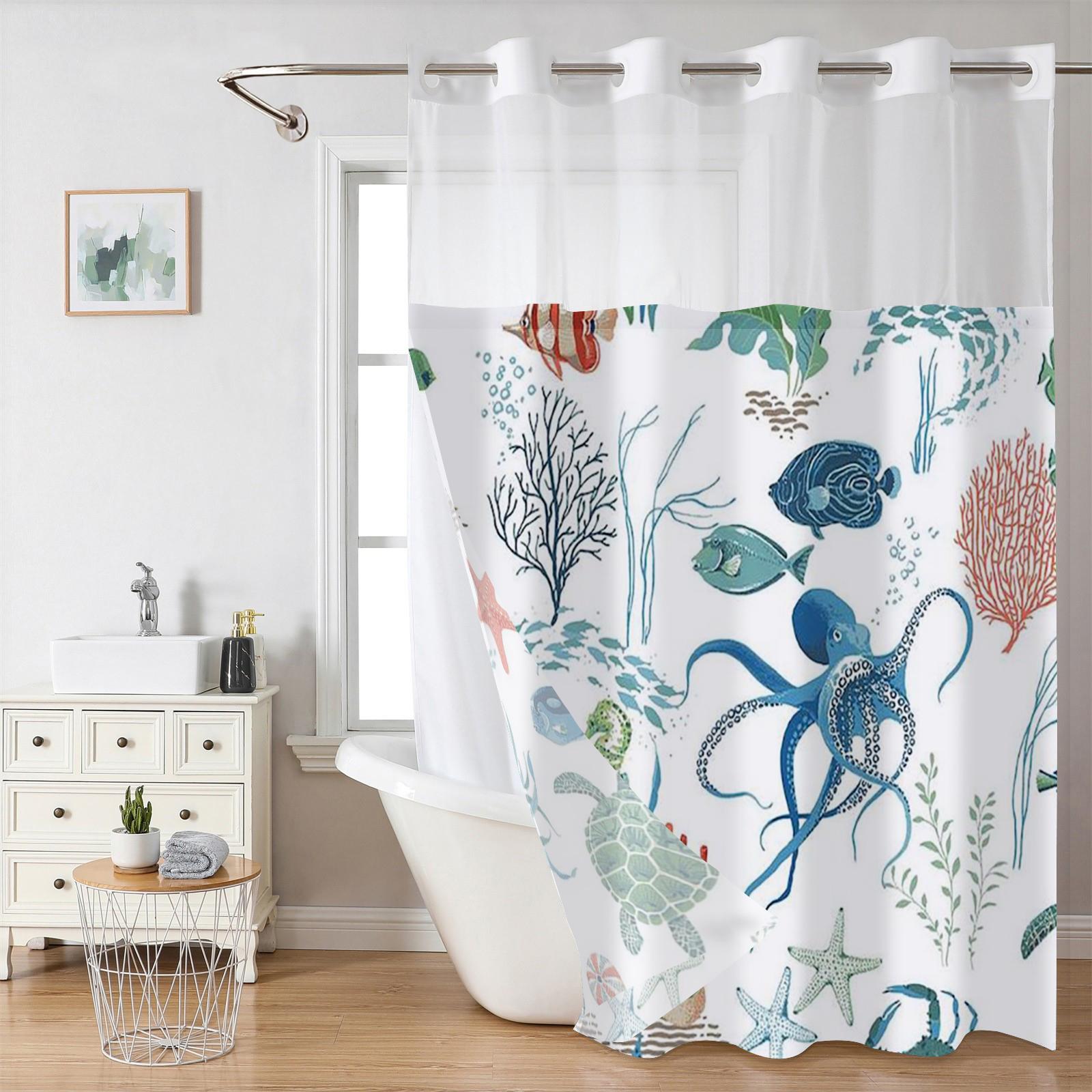 

Морская шторка для душа без крючков, изогнутая, со съемной тканевой подкладкой, прозрачным верхом-окном, водонепроницаемая двухслойная занавеска для ванны 180X188cm синий