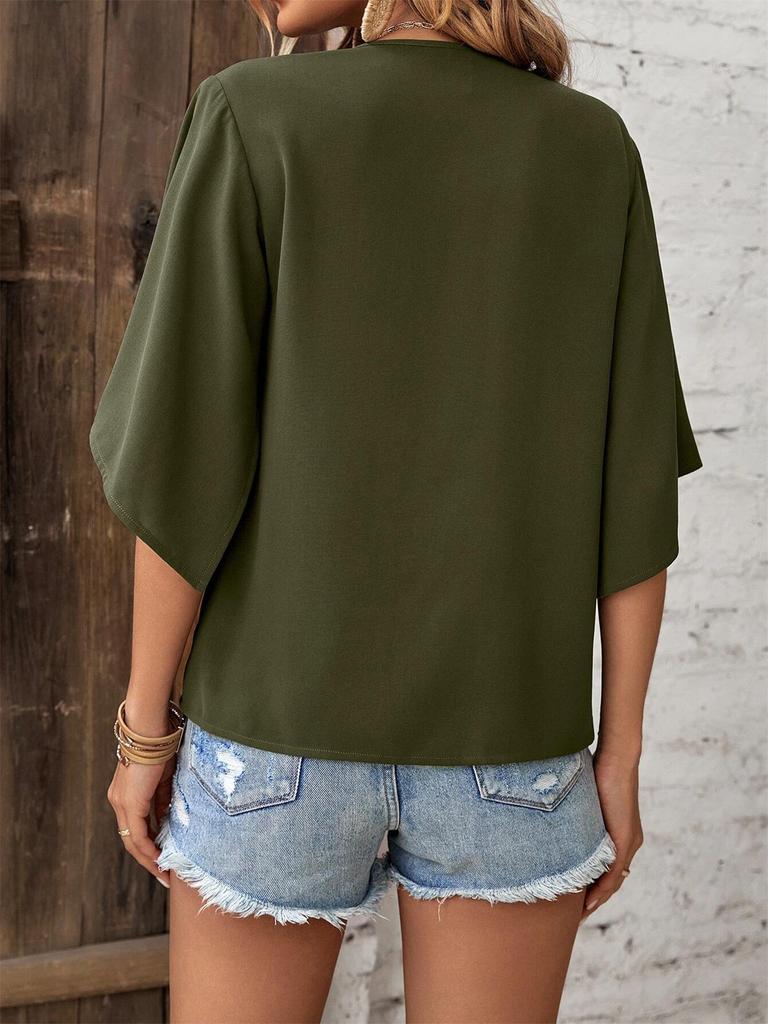 2025 Summer Women's V-Neck Batwing Sleeve Top - Solid Color Fashion