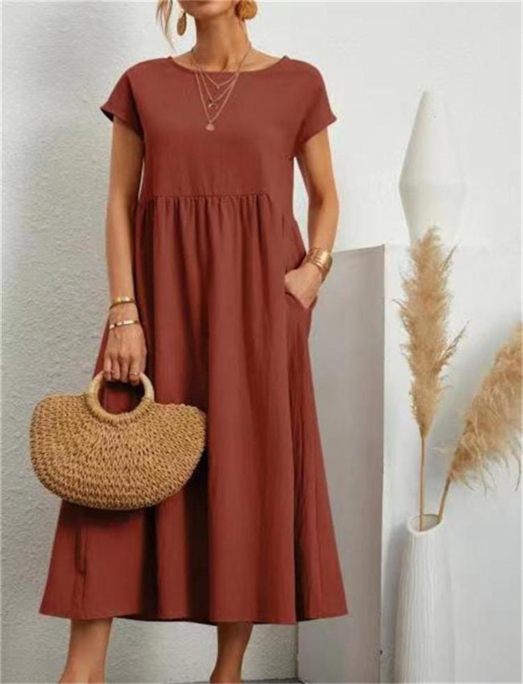 Summer Women Casual Loose Fit Sleeveless Cotton Linen Dress Solid Color Pocket