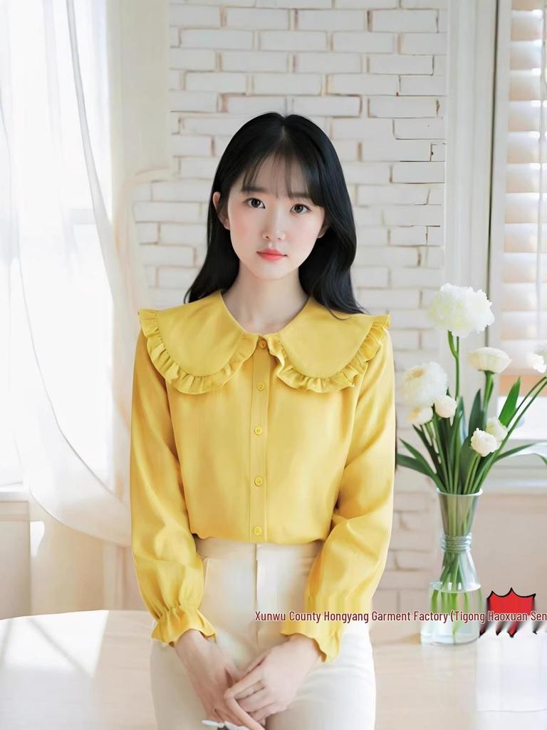 Wine Red Loose Fit Doll Collar Shirt - Korean Style Long Sleeve for Women, Cute and Sweet Spring Top.